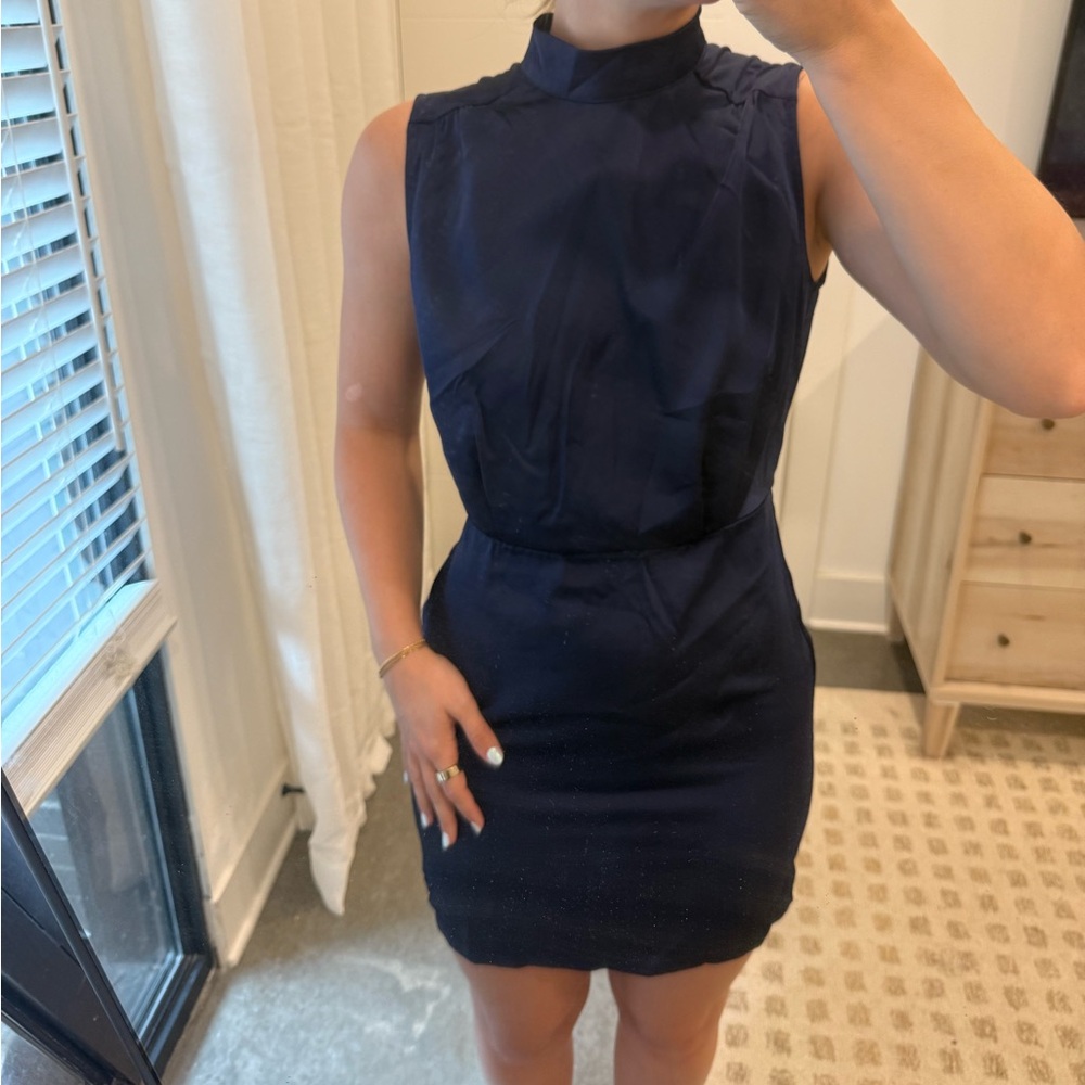 Lulu's navy Blue Satin Mini Dress Mock Neck Sleeveless